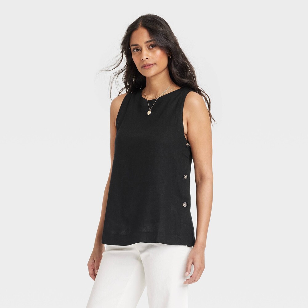 Universal Thread Linen Blend Black Tank Top Relaxed Fit Side Buttons Size Small